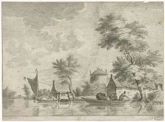 Paisaje de río con un pajar