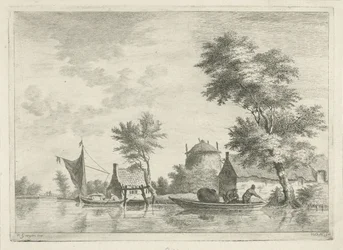 Paisaje de río con un pajar