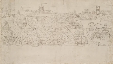 Panorama de Londres visto desde Southwark: Billingsgate hasta Tower Wharf, 1554