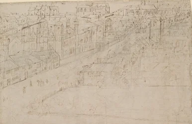 Panorama de Londres visto desde Southwark: Borough High Street con St Mary Overy, 1554