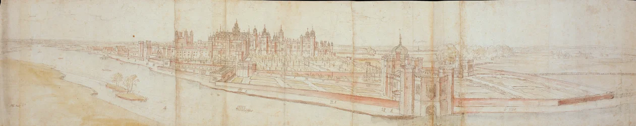 Vista del Palacio de Hampton Court desde el sur, con el río en primer plano, 1558