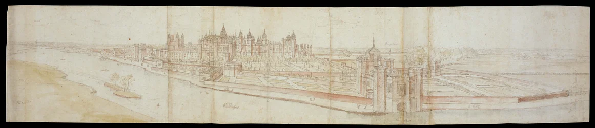 Vista del Palacio de Hampton Court desde el sur, con el río en primer plano, 1558
