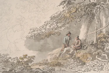 Dos niños y un perro en un bosque