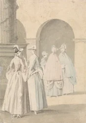 Damas junto a una columna y una arcada