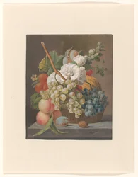 Naturaleza muerta con flores y frutas en una cesta