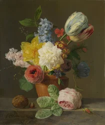 Naturaleza muerta con flores y nueces