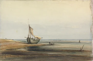 Escena costera con un barco varado
