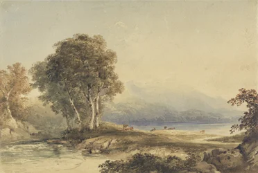 Paisaje montañoso con lago y arroyo