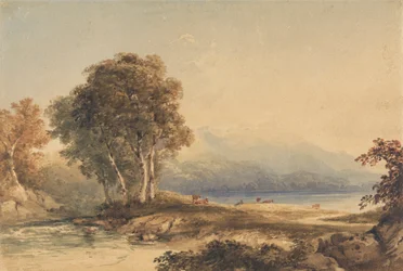 Paisaje montañoso con lago y arroyo