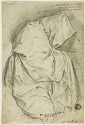 Figura drapeada con capucha (anverso); dos bocetos de cisnes en el agua (reverso)