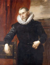 Retrato de Frans Snyders, medio cuerpo, con traje negro, apoyado en una silla, un paisaje al fondo