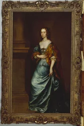 Retrato de Mary Villiers, Duquesa de Lennox y Richmond, con un Vestido Azul y un Chal Marrón junto a una Columna
