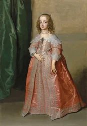 Retrato de la princesa María (1631-1660), hija del rey Carlos I de Inglaterra, de cuerpo entero, con un vestido rosa decorado con bordados y cintas plateadas.