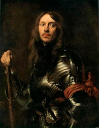 Retrato de un hombre con armadura y pañuelo rojo