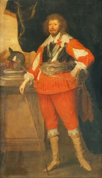 Retrato de un noble, se dice que es Henry Rich, primer conde de Holland, de cuerpo entero, con una coraza, faja y espada, su mano descansando en un bastón, un casco en un pedestal, de pie ante una columnata con cortinas