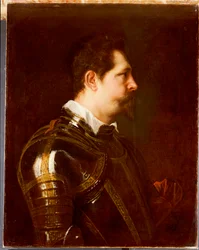 Retrato de un general, busto, con armadura damasquinada con cuello blanco y banda roja