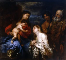 Español:  La Virgen y el Niño con los pecadores arrepentidos La Virgen y el Niño con los tres pecadores arrepentidos, María Magdalena, el rey David y el Hijo Pródigo