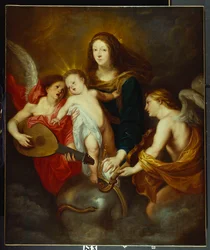 La Virgen y el Niño triunfando sobre el pecado con dos ángeles músicos
