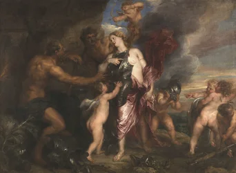 Tetis recibe la nueva armadura para Aquiles en la forja de Vulcano