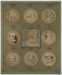 Hoja de colección con nueve cabezas de estudio en medallones