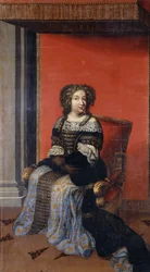 Retrato de la reina María Teresa, sentada de cuerpo entero, con un corpiño negro incrustado de joyas, cuello de encaje y falda azul y dorada, en un trono