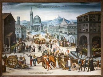 Sac de Lyon por los calvinistas en 1562. Actos iconoclastas protestantes contra el culto a las imágenes religiosas de la Iglesia católica. Durante la primera guerra de religiones, las reformas dirigidas por el Barón des Adrets tomaron el Ayuntamiento y los