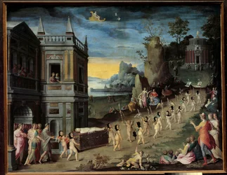 Alegoría: el funeral del Amor Un cortejo fúnebre llevando el cuerpo de Eros se dirige hacia el templo de Venus