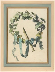 Dibujo, Trofeo con flauta, hiedra y cinta azul, 1780-90