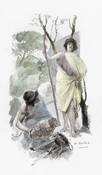 Odisea de Homero: canto XIII: Athena deguisee as a young shepherd welcomes Ulysses a Ithaque (Odisea de Homero: Odiseo regresa a Ítaca y se encuentra con Atenea disfrazada de pastorcillo) Ilustración de Antoine Calbet (1860-1944) para "La odisea" del grieg