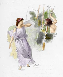 Odisea de Homere: "Nausicaa, hija del rey Alcinoos ve a Ulises desnudo y hambriento pidiéndole ayuda" (Odiseo sale del bosque completamente desnudo, asustando a los sirvientes de Nausicaa, hija del rey Alcinoos, y le pide ayuda) Il