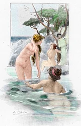 Odisea de Homere: "Nausicaa, hija del rey Alcinoo, y sus siervas lavando sus ropas en el río" Ilustración de Antoine Calbet (1860-1944) para "La odisea" del poeta griego Homero (Odisea de Homero) 1897 Colección particular
