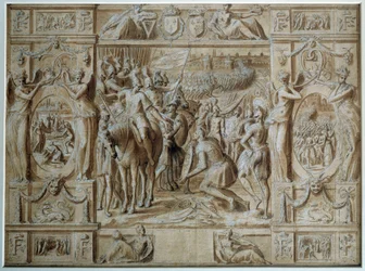 La Sumisión de Milán. Las tropas de Francisco I tomaron la ciudad de Milán tras la victoria en la Batalla de Marignano en 1515. Dibujo en pluma y lavado por Antoine Caron (1521-1599) siglo XVI París, Museo del Louvre