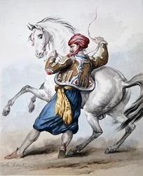 Un persa intenta dominar un caballo francés
