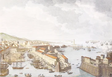 Entrada de los franceses en Livorno, junio de 1796, grabado por Jean Duplessis-Bertaux (1750-1818), dibujo de Carle Vernet (1758-1836), Guerras Revolucionarias Francesas, Italia