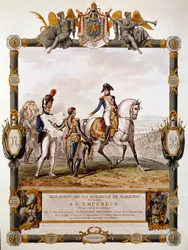 Frontispicio de la relación de la Batalla de Marengo el 14 de junio de 1800: Mariscal Berthier muestra la estrategia de batalla a Napoleón I