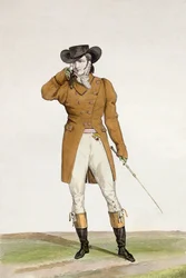 Un dandi vestido con un sombrero en forma de barco, una chaqueta de color pardo y pantalones de gamuza, placa 1 de la serie 