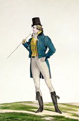 Un dandi con sombrero Robinson, con rizos infantiles, pantalones de punto y botas de montar, placa 5 en la serie Incroyable et merveilleuse de placas de moda, grabado por Georges Jacques Gatine