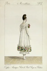 Una dama con peinado asiático en un vestido de baile adornado con cintas, lámina 4 de la serie 