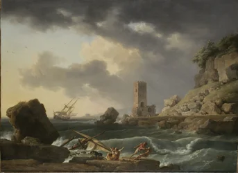 Paisaje costero rocoso con naufragio, 1746