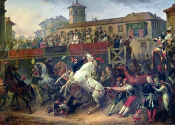 Escena de una carrera de caballos sin montar en Roma