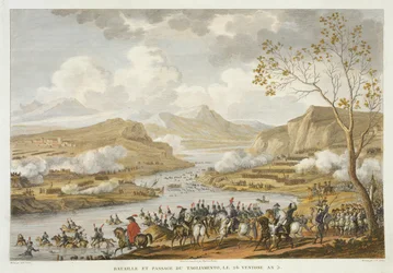 La Batalla y Cruce del Tagliamento, 26 Ventoso, Año 5 (marzo 1797) grabado por Jean Duplessi-Bertaux
