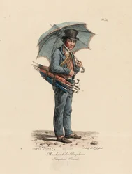 El vendedor de paraguas y parasoles, número 23 de la serie Los gritos de París, grabado por François Seraphin Delpech (1778-1825)