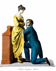 Tocando a una mujer de pie: un paciente consulta a un médico que la ausculta bajo el vestido. Grabado de Chazal (siglo XIX). París, Academia de Medicina