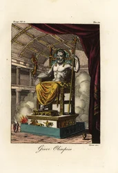 Estatua de Zeus o Júpiter en Olimpia, colosal figura sentada del escultor griego Fidias hacia 435 a. C. en el santuario de Olimpia, Grecia