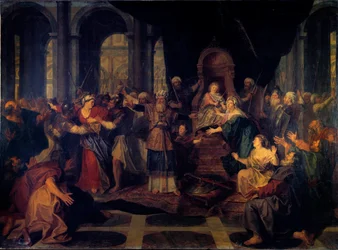 Atalía expulsada del Templo. Atalía, esposa de Joram, rey de Judá, queda viuda y gobierna el reino abandonando la religión judía