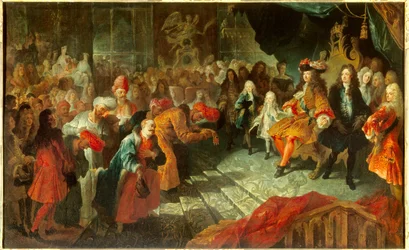 El rey Luis XIV (1638-1715) recibe al Embajador Extraordinario de Persia Mehemet Reza Bey (Raza-Bey) en la galería de los espejos en Versalles el 19/02/1715