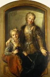 Retrato de Madame Dupille y su hija, medio cuerpo, vestidas con trajes de baile en una ventana, 1733