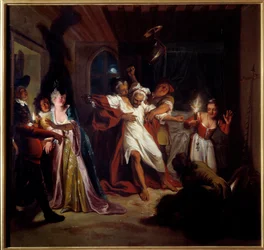 Don Quijote durmiendo lucha contra los odres. "El ingenioso hidalgo Don Quijote de la Mancha" de Miguel de Cervantes Saavedra (1547-1616)