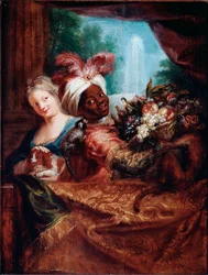 Joven acariciando a un perro y un sirviente negro que presenta una cesta de fruta. Un monito está tendido sobre su hombro. 28 x 21,5 cm, París, Museo del Louvre