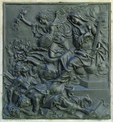 El Ángel de Francia Expulsando a los Herejes, detalle del pedestal de una estatua de Luis XIV, c.1687
